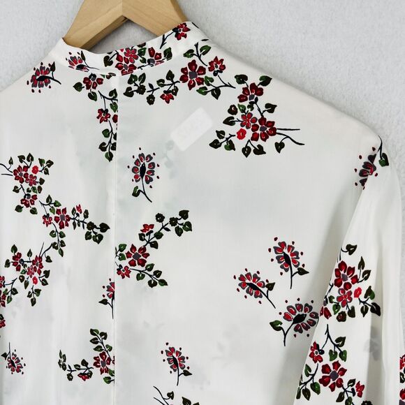 ABERCROMBIE & FITCH Top XS Floral Poplin Tie Neck Blouse Roll Tab Sleeve White - Picture 5 of 16